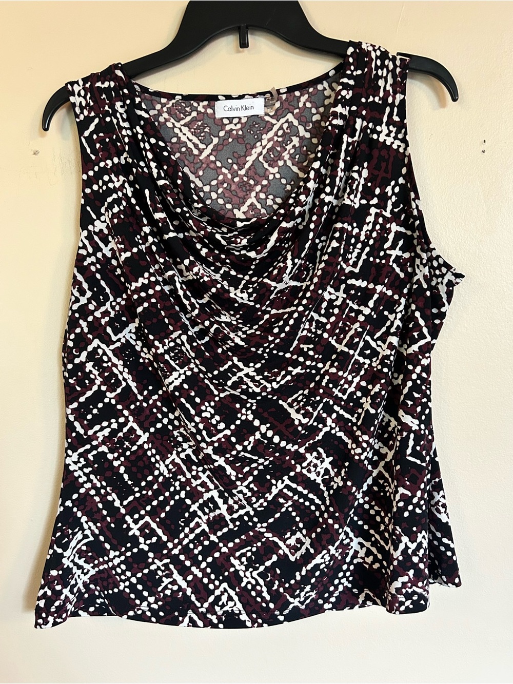 Calvin Klein Black, Burgundy and White Draped Cowl Neck Sleeveless Top
